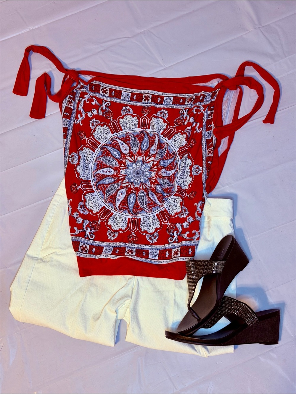 Cato Red and White Bandana Print Tie-Shoulder Crop Top